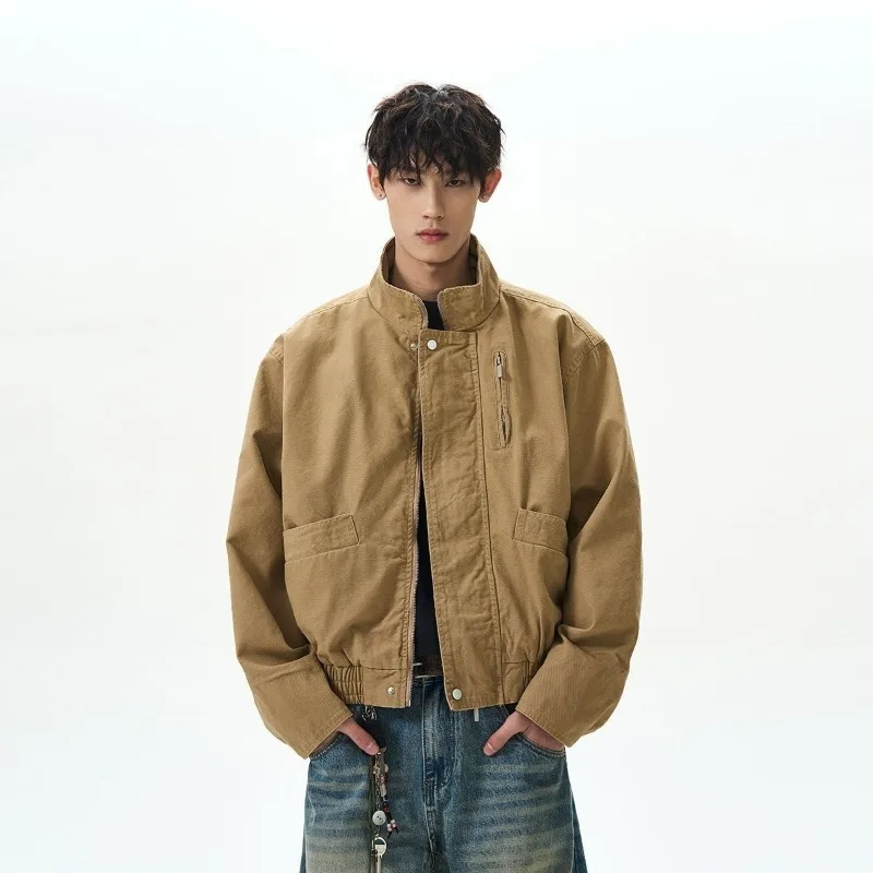 Mens Jacket Harajuku American Vintage Stand Collar Aviator Flight Jacket High End Barn Style Workwear Outerwear Autumn Winter