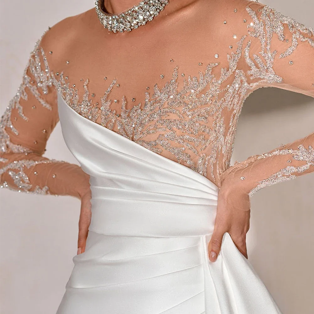 Abito da sposa da sposa bianco personalizzato a maniche lunghe sexy con scollo a V bordo in pizzo cappella treno abito da ballo paillettes banchetto Robe De Soiree