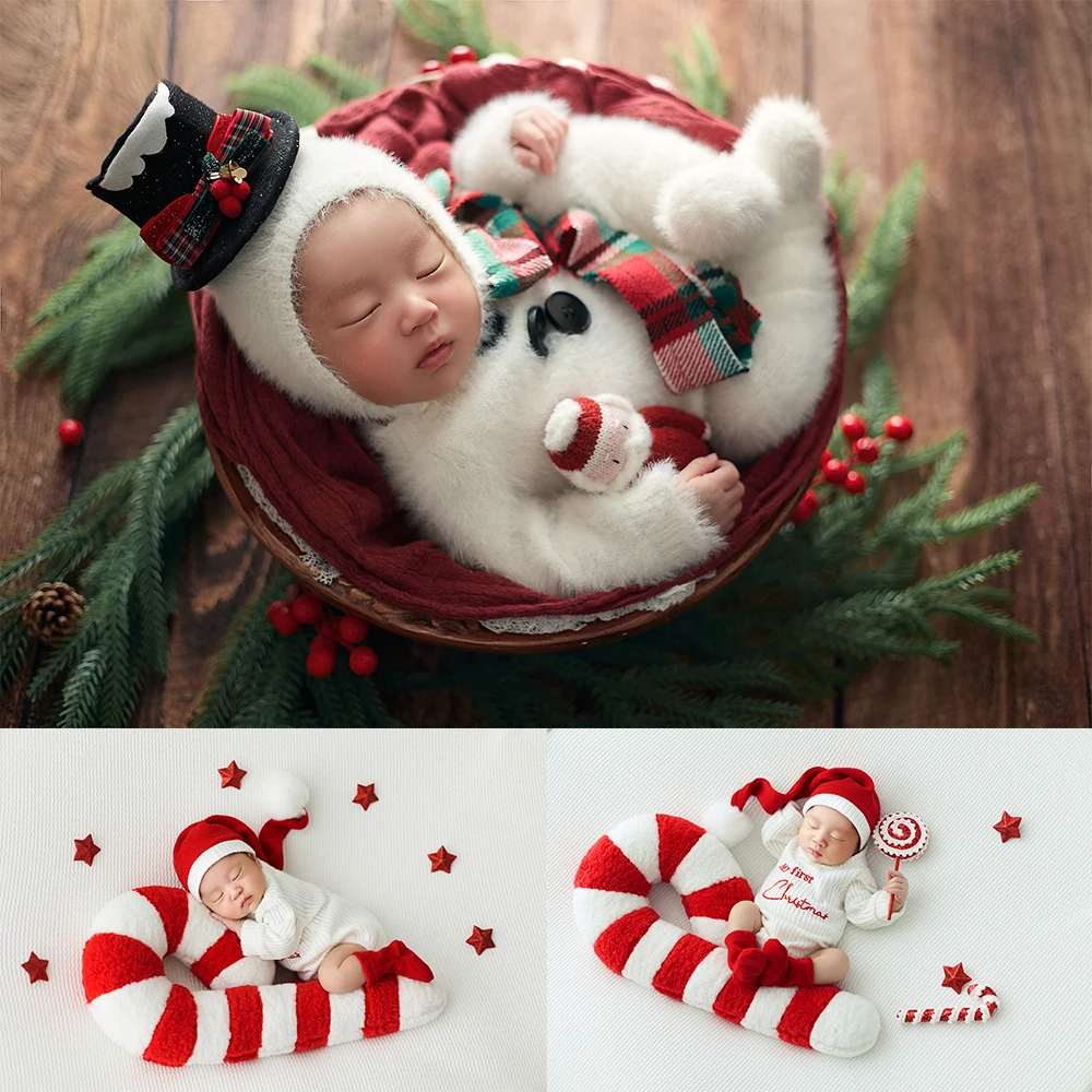 

Christmas Newborn Photo Props Plush Snowman Costume Pine Branch Berry Decor Props Candy Posing Pillow Studio Xmas Theme Shooting