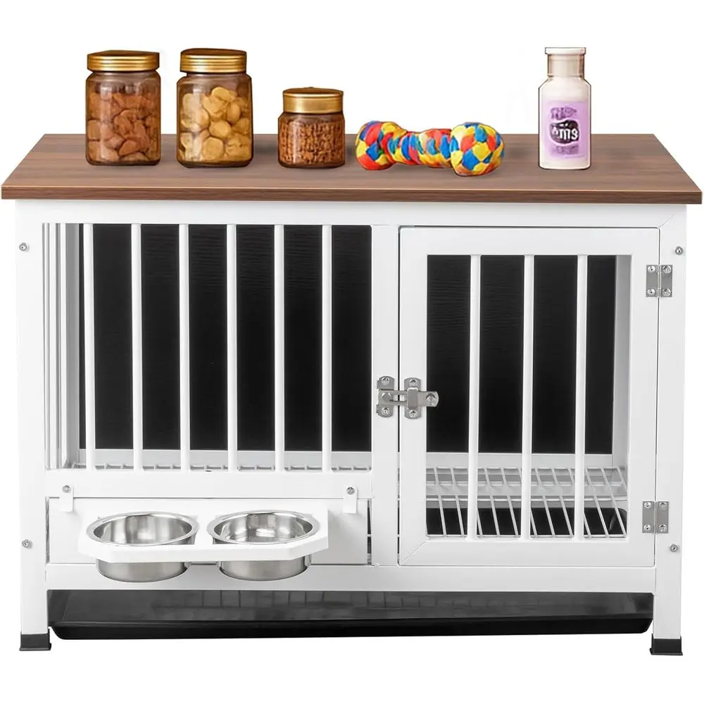 

Dog Crate urniture, 32.5" Wooden Dog Kennel with 360° Swivel eeder, Dog Cage Indoor or Small and Medium Dogs, Easy to Clean (Med
