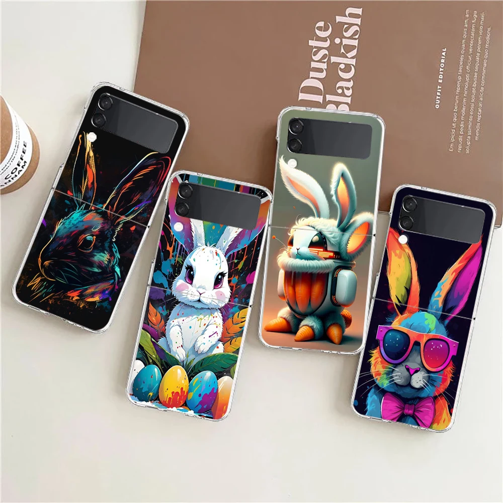Phone Cover For Samsung Galaxy Z Flip 6 5 4 Case Transparent For Samsung Z Flip 3 Hard PC Foldable Shell Cute Graffiti Rabbit