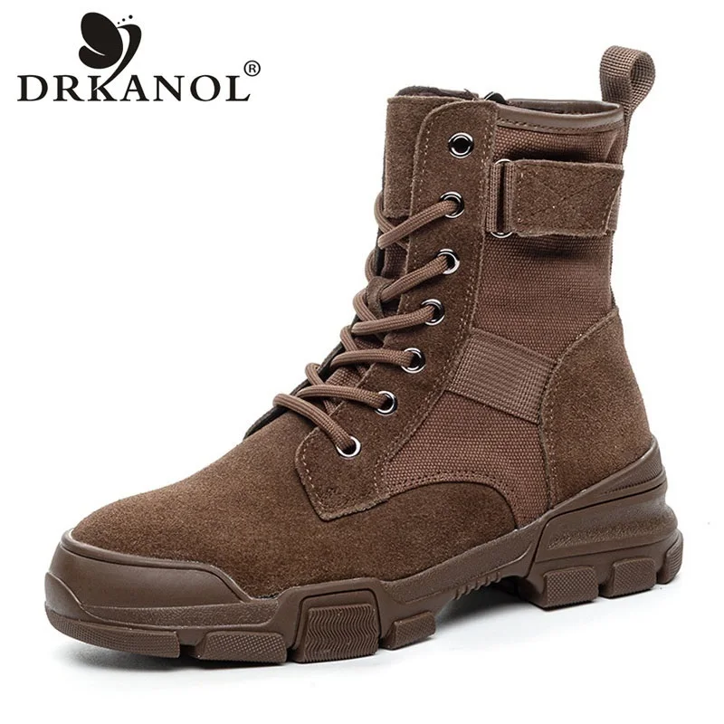 

DRKANOL Women Mid Calf Boots 2026 Autumn Winter Thick Plush Height Increasing British Style Street Cow Suede Canvas Warm Boots
