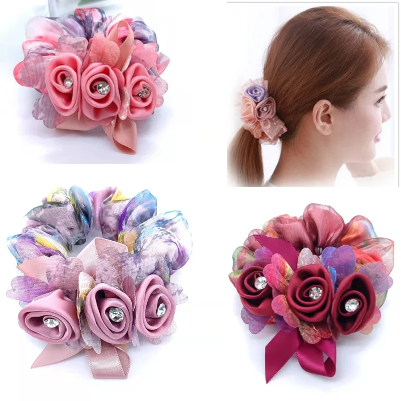 Hair Elastics and Ties Flower Scrunchie Elastic Rubber Band Updo Bun Head Ornament Hair Accessories elegant hair rope