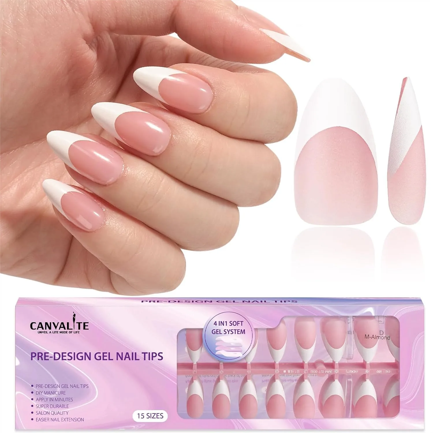 

French Tip Press on Nails 300Pcs Pre-Colored Almond Fake Nails with Designs for DIY Nail Extensions Valentines Gift
