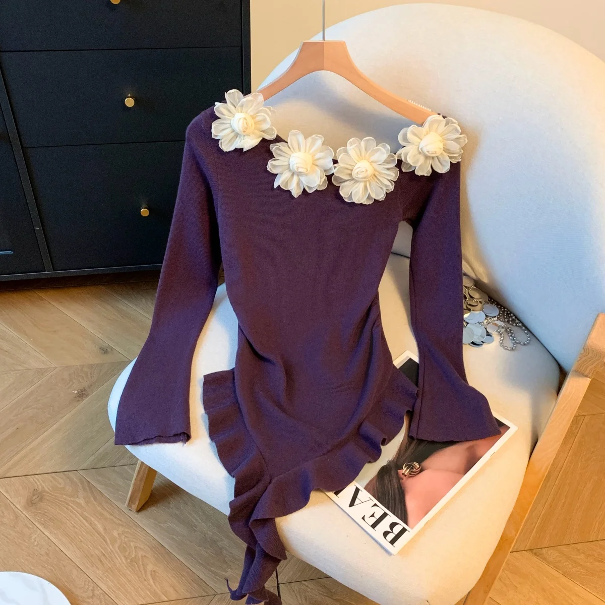 

Женские вязаные зимние топы с 3D цветами, рубашки, женские милые свитера с лентой, асимметричные свитера с оборками, топы, топы на день рождения, свидание, фестиваль, банкетные топы