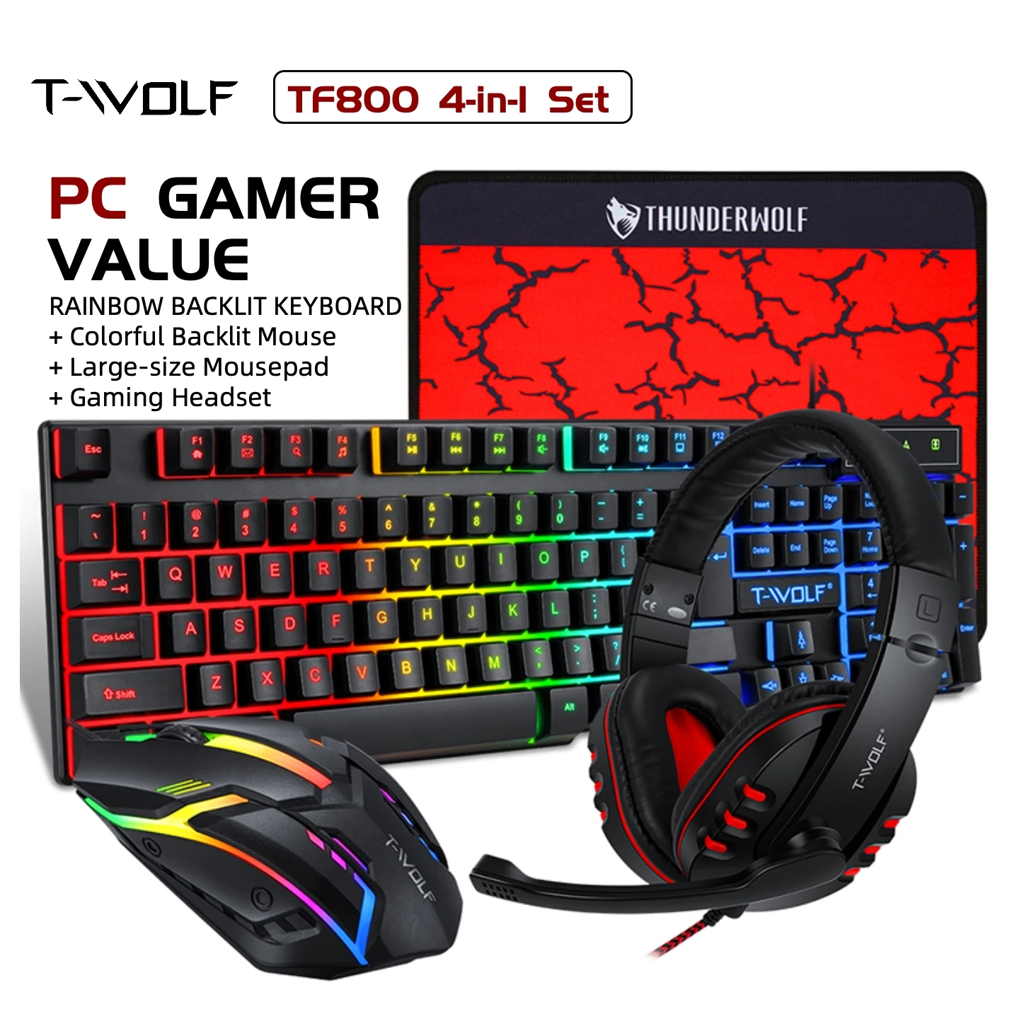 T-WOLF RGB Gaming Keyboard Mouse Headset Mousepad 4 in 1 Combo Wired Mechanical Feel LED Backlit Set for PC Desktop Laptop Gift