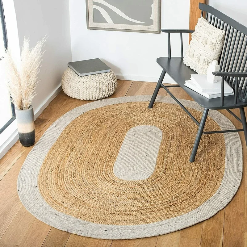 Rug 100% Natural Woven Jute Oval Rug Modern Double Sided Living Rustic Look Rug Carpets for Living Room