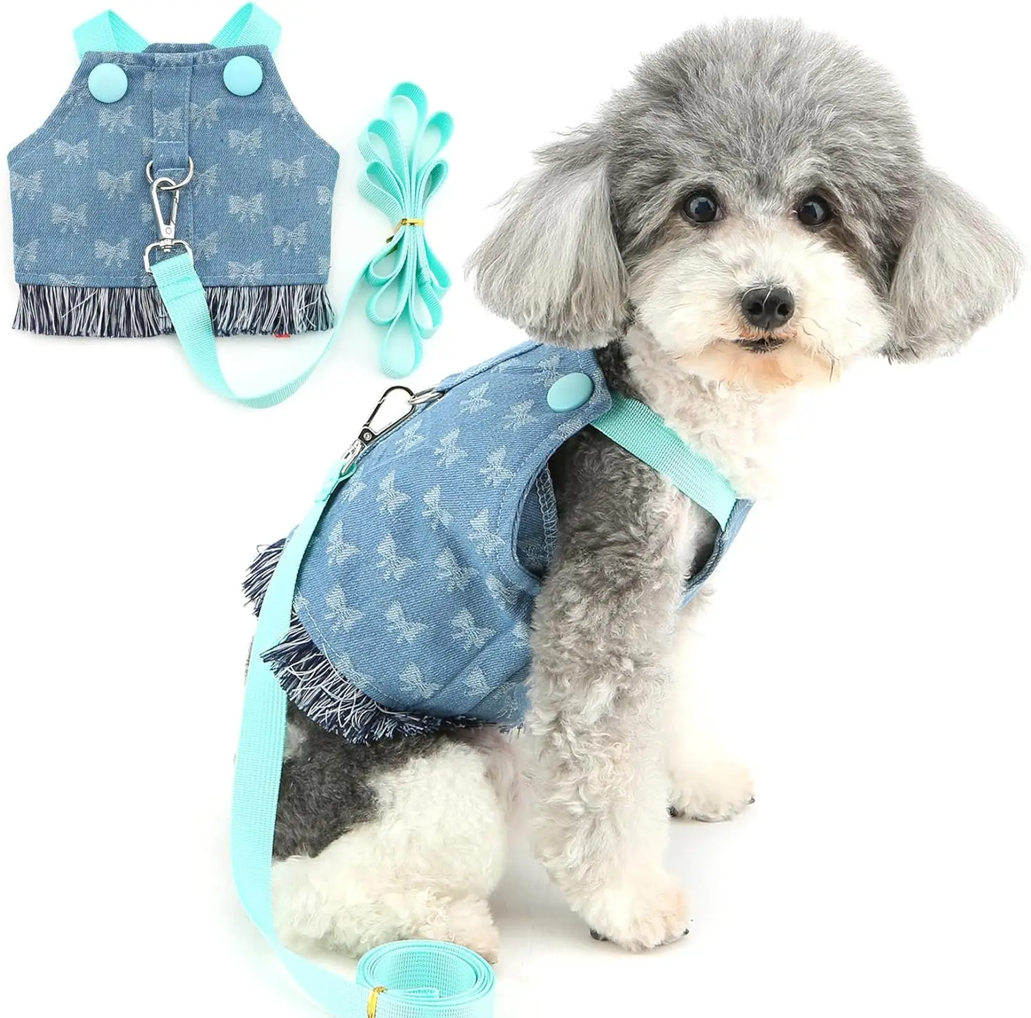Chaleco de mezclilla para perro con arnés y correa – Ropa veraniega - imagen 4