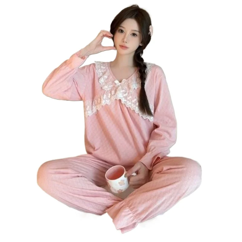 

Can Be Worn Sleepwear Jacquard Pajama Woman Spring and Autumn Sweet Princess Wind Long Sleeve Pants Plus Size 105KG Homestays