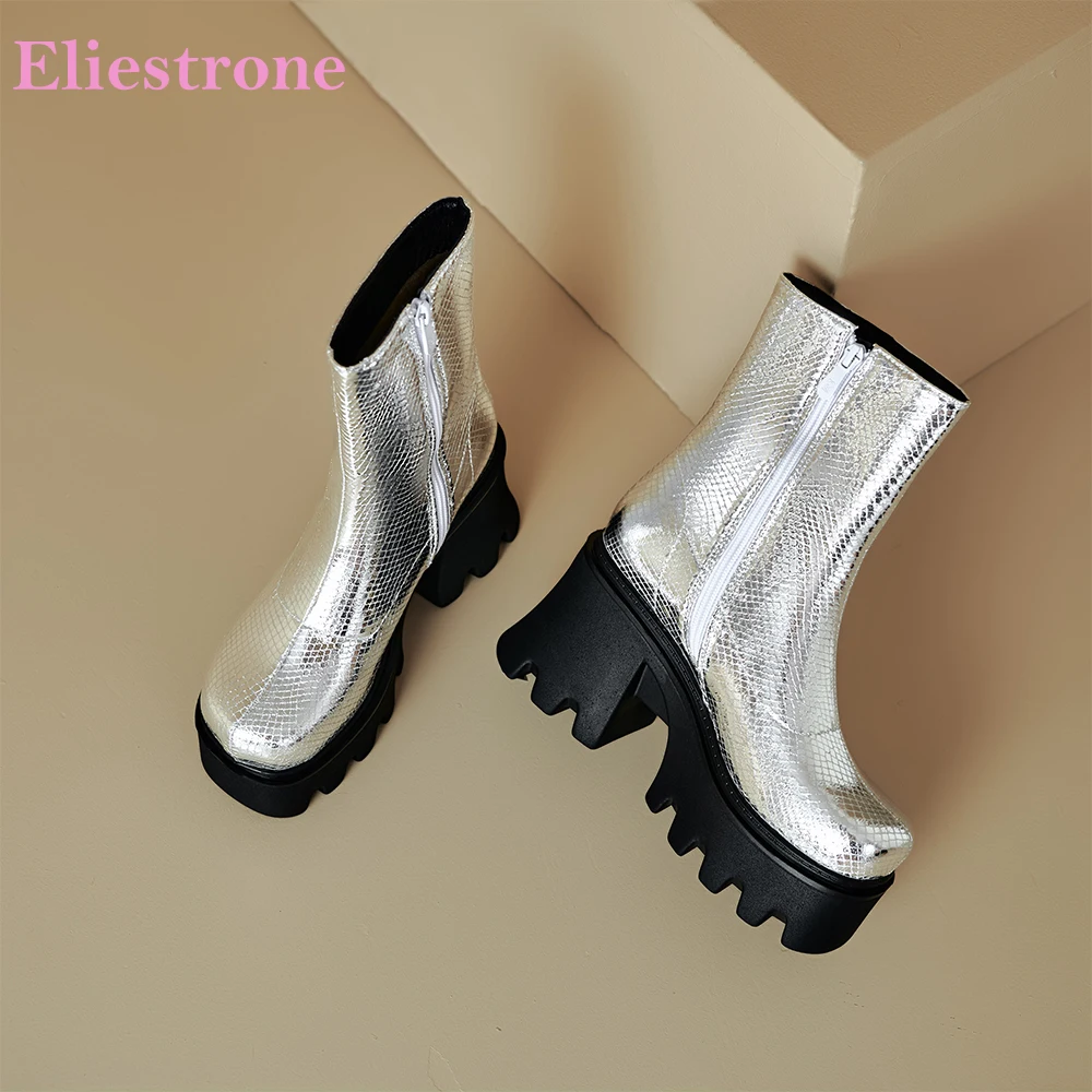 

2025 Новые зимние удобные женские ботинки серебристого и золотого цвета на платформе до середины икры, пикантные женские туфли на высоком каблуке, большие размеры 10, 42, 44