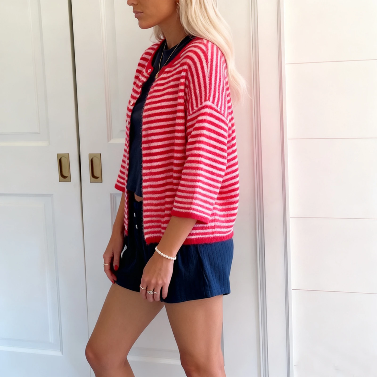 

y2k Vintage Aesthetic Crew Neck Open Front Knit Sweaters for Women Summer Striped Short Sleeve Button Casual Cardigan Tops