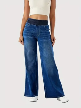 Y2K Ribbed-Waist Straight Jeans 5 Jeans for Woman Y2k Jeans Baggy Jeans Stretchy Fabric Loose Straight Leg Ribbed Waist Design Modern Trousers Urban Fashion 5