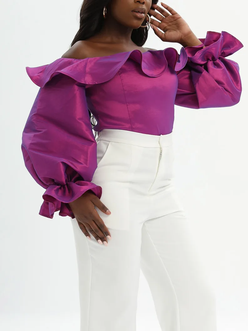 Women Blouse Shiny Off Shoulder Ruffle Sexy Party Shirt Tops Purple Birthday Large Size 2022 Fashion Female African Summer Bluas