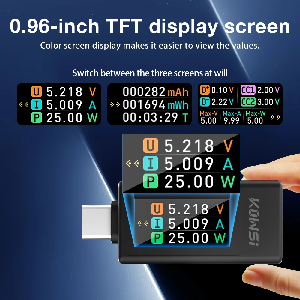 KWS-1902L Type-C Charger Tester 0-8A Current 4-30V Voltage Meter Timing Ammeter Digital Color Screen Display Power Monitor