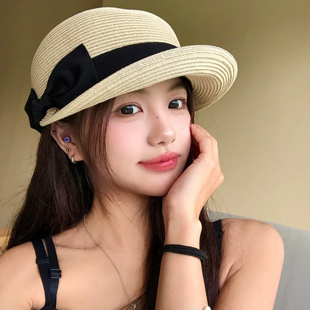 

Ins Elegant Woven Straw Cap French Summer Bow Straw Cap Casual Sun Protection Equestrian Hat Vacation