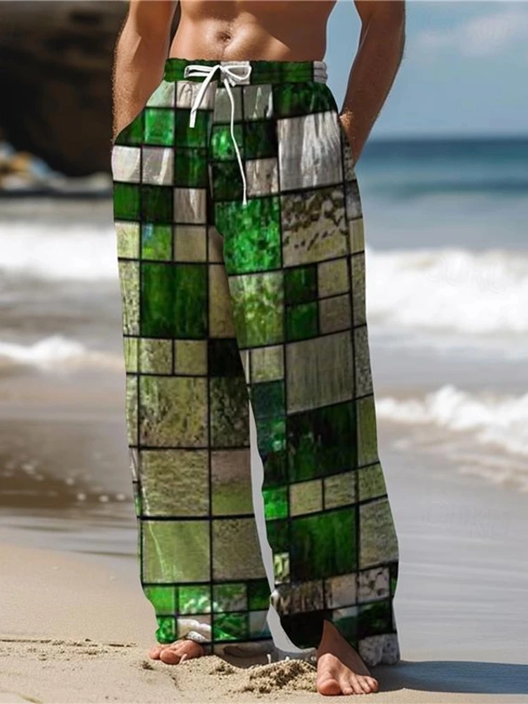 بنطال هاواي منقوش للرجال بطباعة ثلاثية الأبعاد بنطال مستقيم الساق بخصر مطاطي لقضاء العطلات في الشارع والصيف والربيع والخريف سهل التركيب