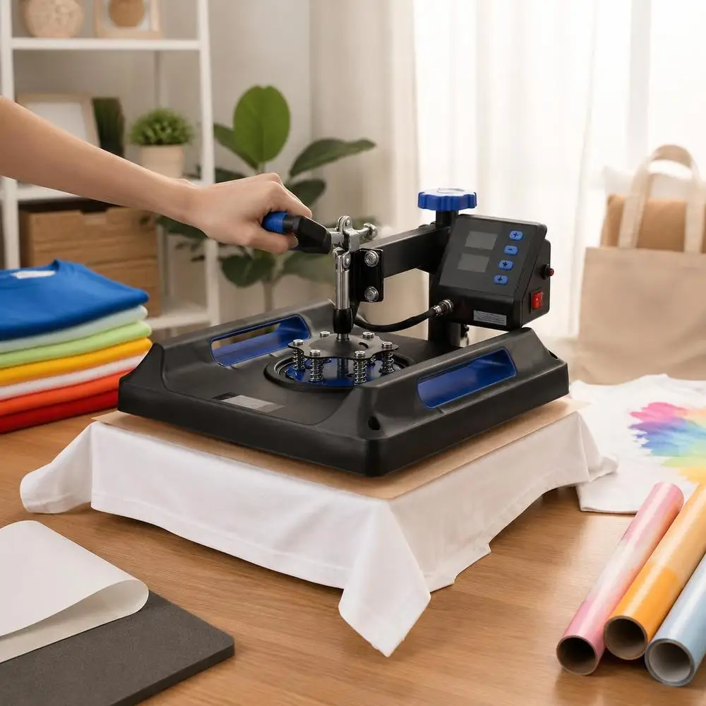 Macchina per stampa a caldo 8 in 1 per sublimazione 38 x 38 cm nera blu 360 ° Rivestimento in Teflon Swing Away per T-shirt, tazze, cappellini, piatti