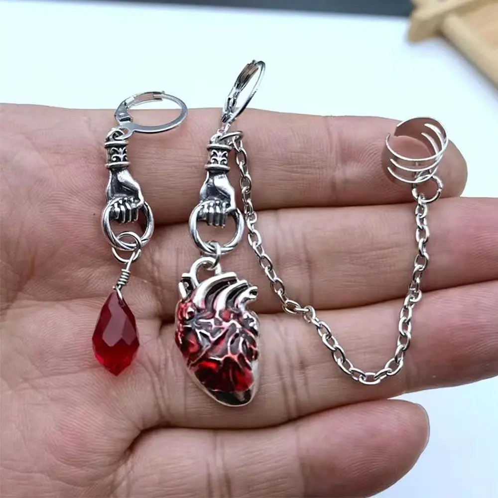 Red Vampire Witchy The Beating Heart Jewelry Gift Asymmetrical Cuff Earrings Chain Ear Clip