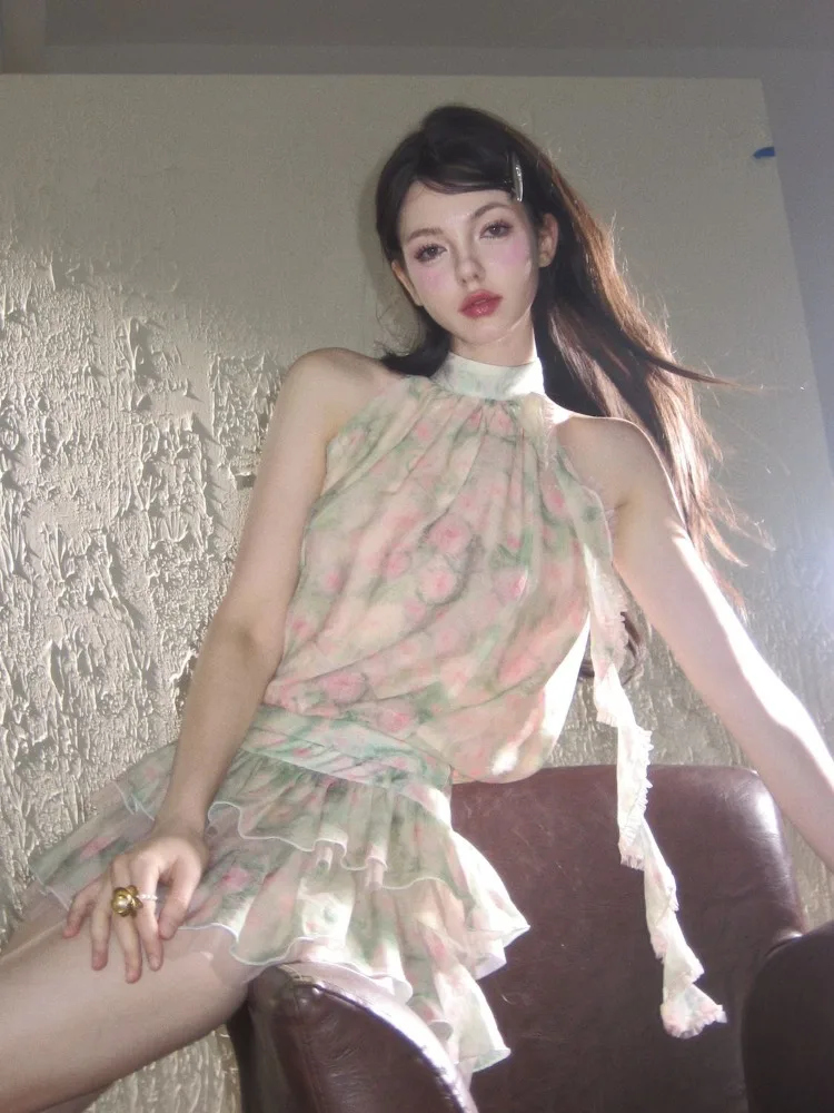 

Sweet Floral Sleeveless Halter Chiffon Vest for Women+ Y2k High Waist A-line Cake Skirts 2025 Summer New Two Piece Sets
