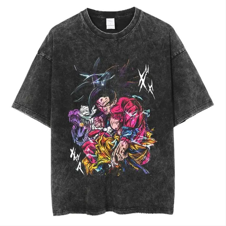 

Dragon Ball GT Goku Super Saiyan 4 & Frieza Neon Energy Vintage Washed Anime Print T Shirt Men 2026 Summer Casual Streetwear