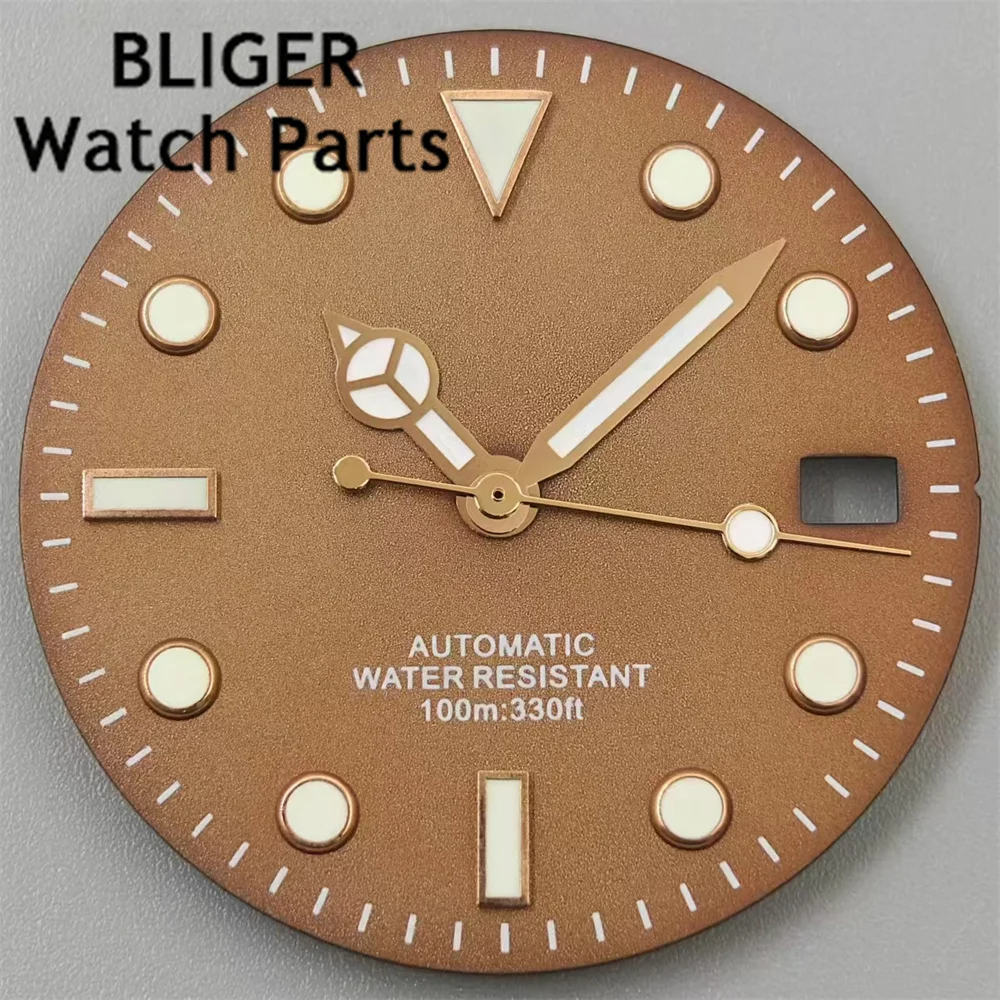 BLIGER 29mm Brown Coffee Watch Dial With Silver Rose Gold Edge Time Marks Green Luminous For NH35 NH36 Movement Date Window