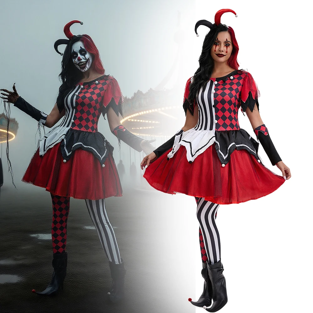 

Halloween Circus Clown Cosplay Costume Horror Joker Spooktacular Dress Uniform Carnival Jester Clothes Outfit