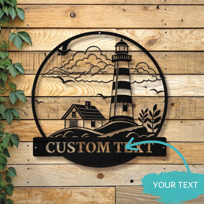 

Custom Nautical Lighthouse Metal Sign - Personalized Coastal Home/Garden Wall Art, Black & White Beach House Decor.