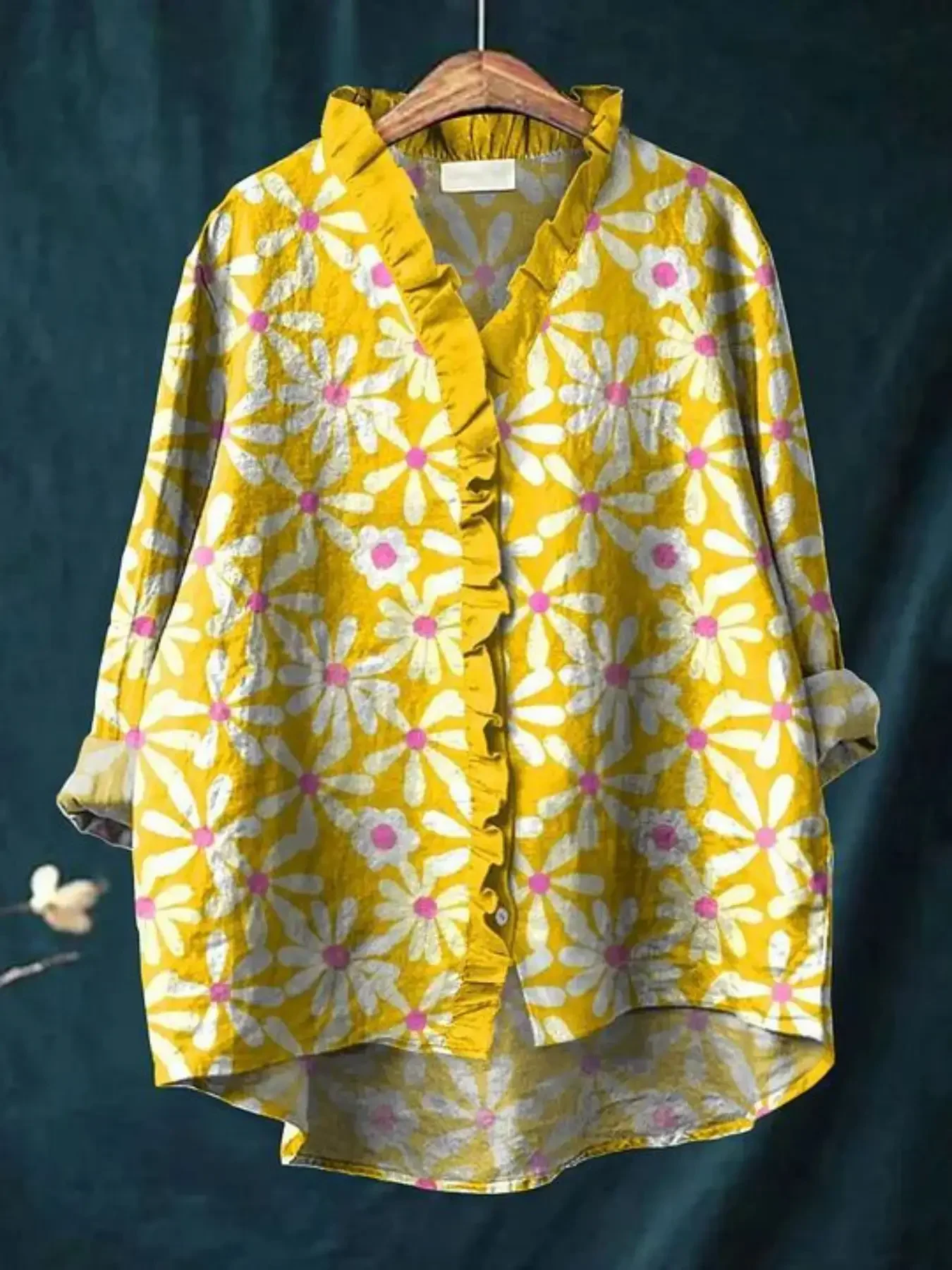 2026 autumn new V-neck casual top, women's long sleeved lace shirt, Non elastic full body printed shirt