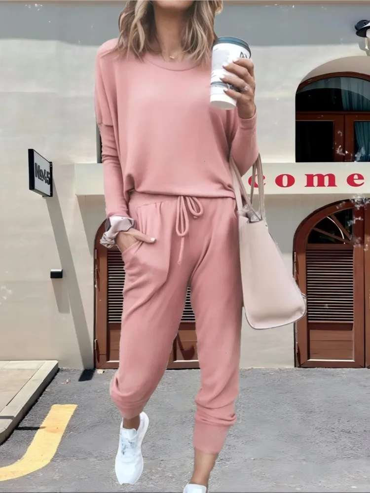 

Красивые весенние новые комплекты 2025, однотонная футболка с круглым вырезом, базовый слой, топ, повседневные прямые брюки, костюм