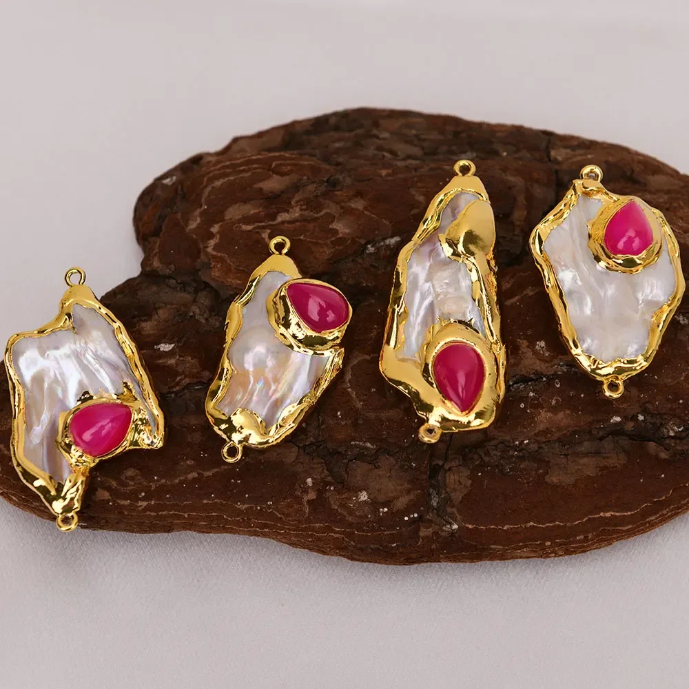 

4 Pcs Big Natural Mix Color Baroque Mabe Pearl With Red Jade Gold Edged Nugget Connector Pendant Jewelry DIY