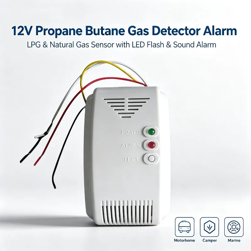 12V Propane Butane Gas Detector Alarm, LPG & Natural Gas Sensor with LED Flash & Sound Alarm, for Motorhome, Camper, Marine Boat