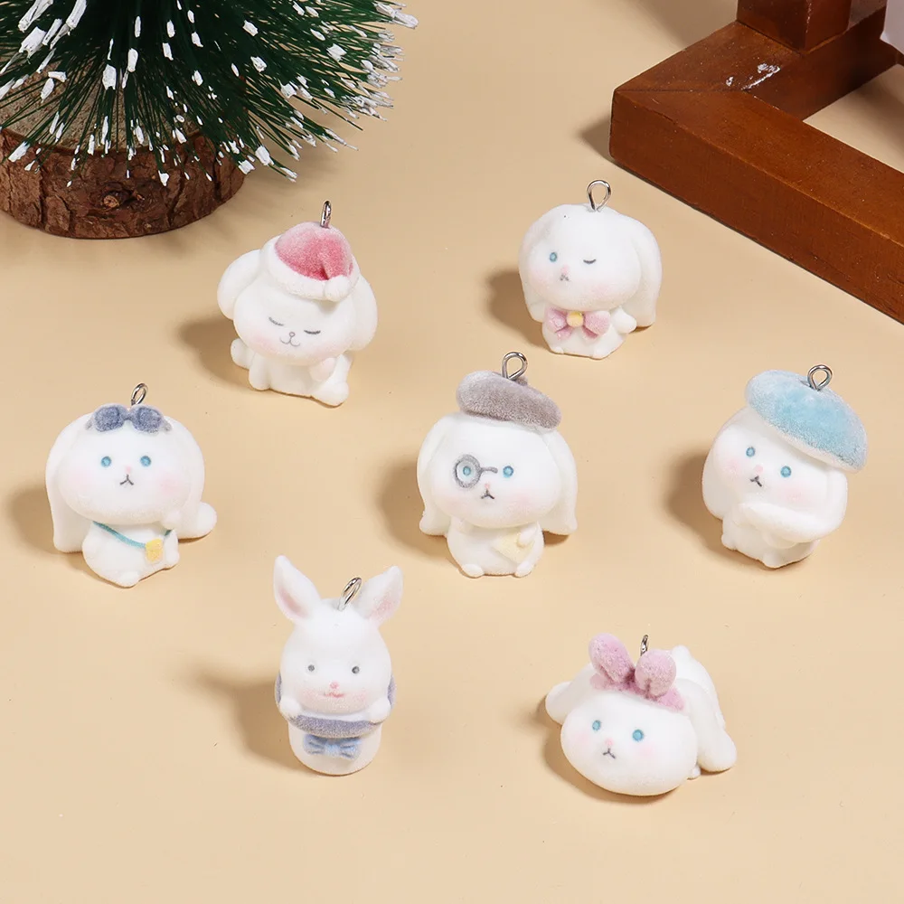 30Pcs 3D Cute Flocked Rabbit Charms Cartoon Animal Resin Pendant  Earring Phone Keychain Accessories for DIY Crafts Jewelry Make