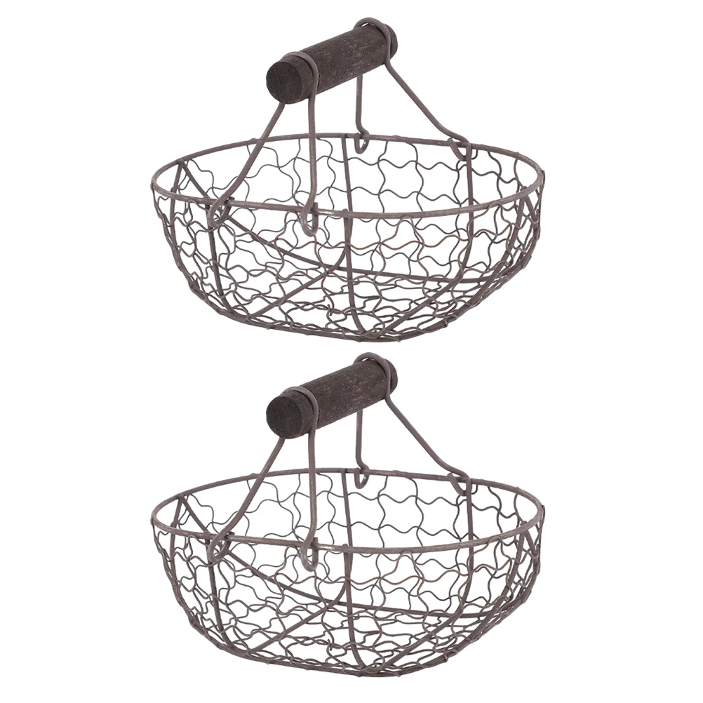 

2pcs Iron Kitchen Fruit Vegetable Egg Holder Wooden Handle Vintage Design Household Countertop Decoration Food