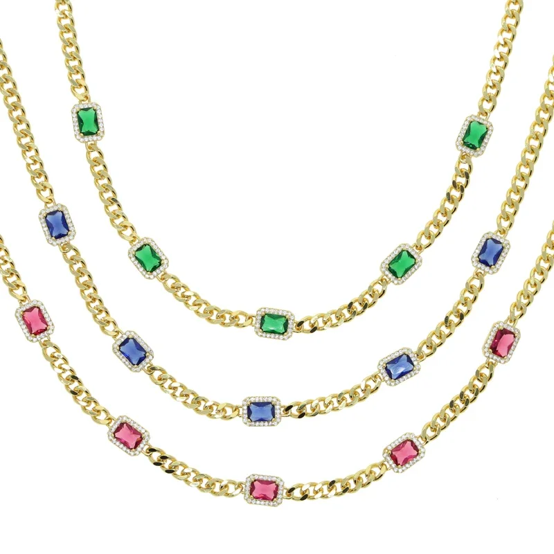 5MM Cuban Link Chain Gold Plated Geometric Halo Rectangle Green Blue Red CZ Charm Colorful Women Fashion Necklace New