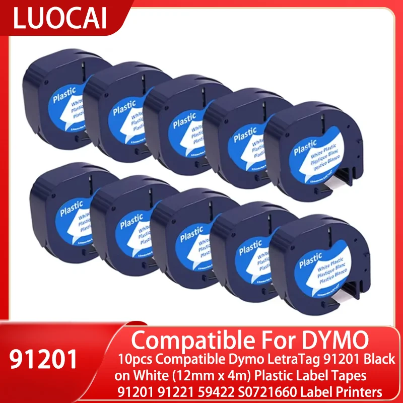 

10 шт. совместимые пластиковые ленты для этикеток Dymo LetraTag 91201 черного цвета (12 мм x 4 м) 91201 91221 59422 S 0721660 Принтеры этикеток