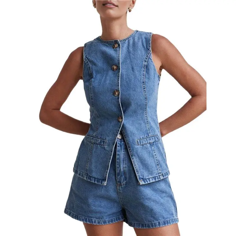 TEXU Female Denim 2 Piece Set Casual Business Sleeveless Jean Blazer Vest Tops And Shorts Outfit Tracksuits