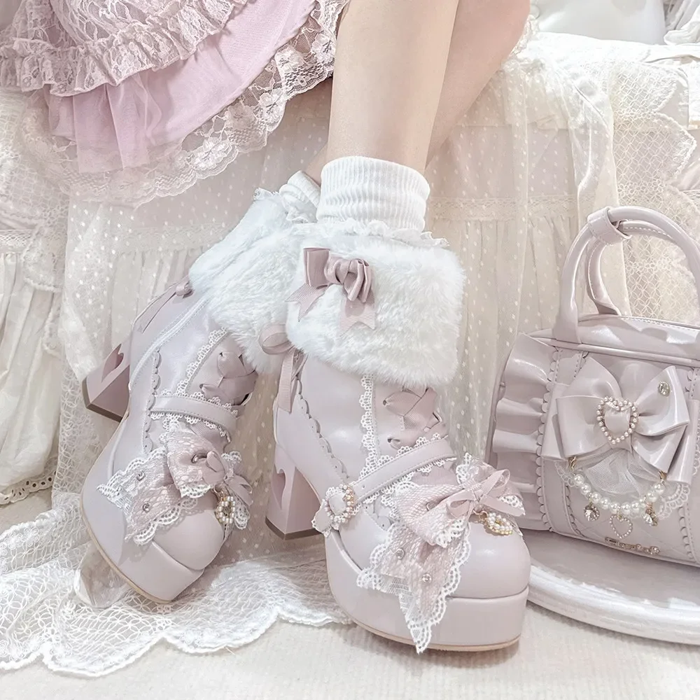 Sweet Lolita Ankle Boots Women Fluffy Fur Trim Lace Bow Pearl Heart Heel Platform Chunky Heel Pink Princess Winter Booties