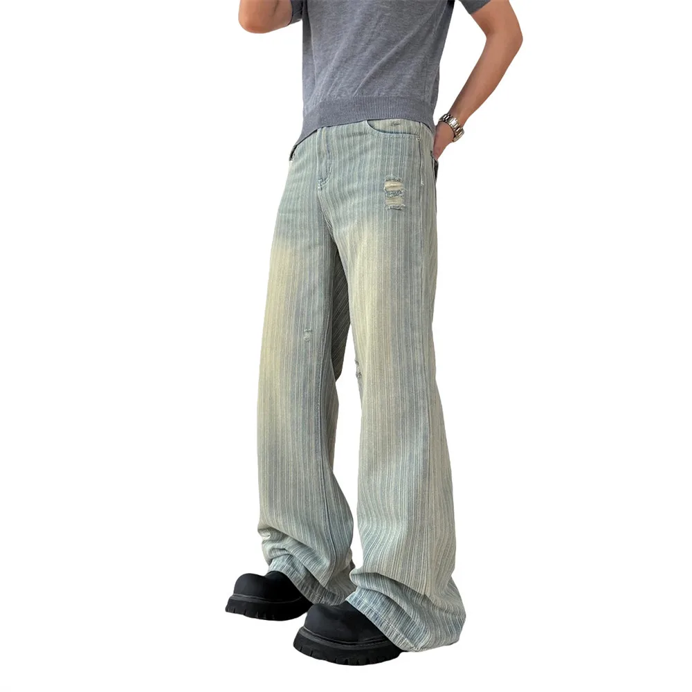 Zerrissene Bambusmuster-Jeans, verwaschen, Distressed, Retro, High Street, gerade, lockere Denim-Hose für Herren – Detail 3