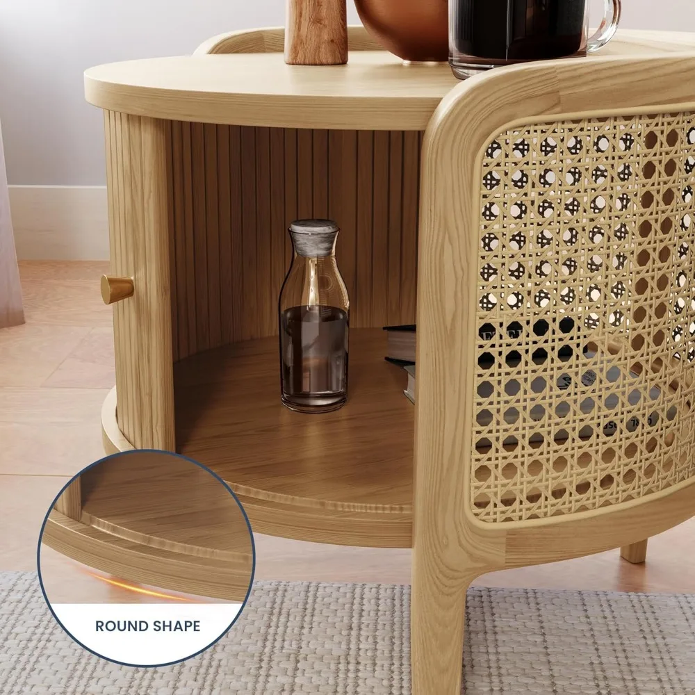 Massivholz-Beistelltisch mit Rolltür und geflochtenem Rattan, 19,69 Zoll runder Couchtisch mit Stauraum, Beistelltisch für die Wohnung zu Hause