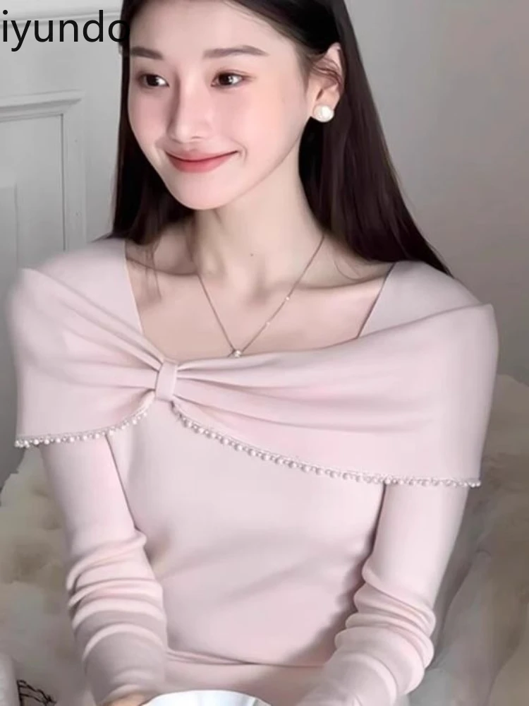 Women's Pink Bow Off Shoulder Long Sleeve Knit Sweater Slim Fit Stretchy Tops Casual Winter Pullover Sexy Basic Blouse