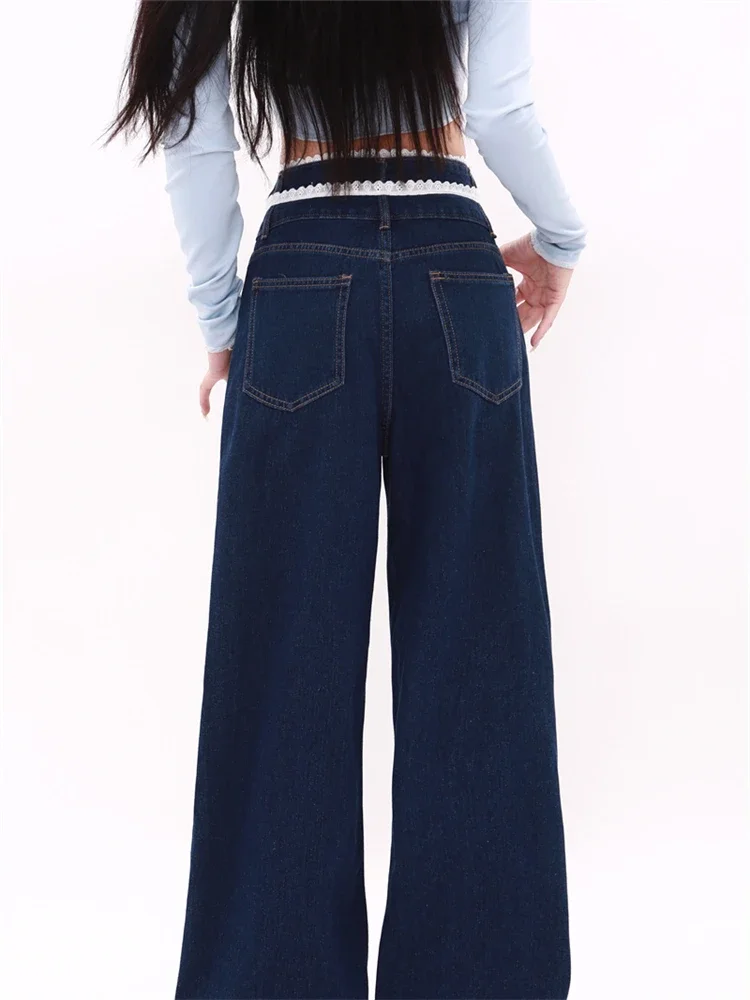 Damskie jeansy z wysokim stanem, niebieskie, z koronkowymi przeszyciami, w stylu cool girl vintage, spodnie streetwearowe, damskie, codzienne, szerokie nogawki, spodnie dżinsowe.