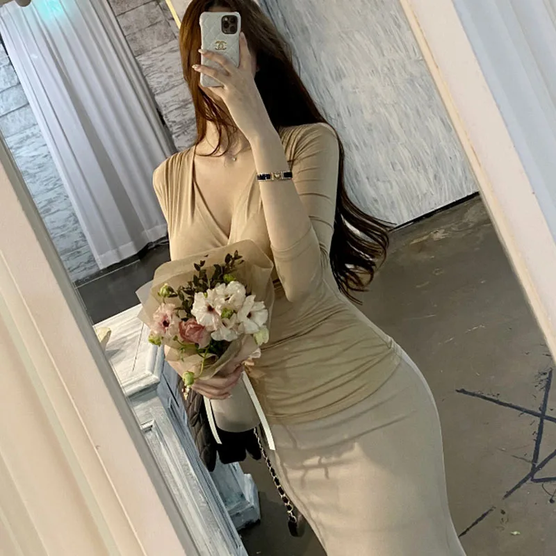QD566 Women's Wrap Chest Long Sleeve V-Neck Slimming Waistline Enhancing Versatile T-Shirt Korean Style Commute Fashion