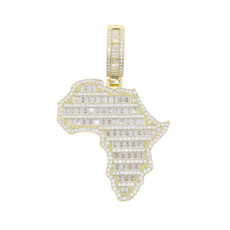 New Arrive Rectangle Cubic Zirconia CZ Paved Bling Africa Map Shaped Pendant Necklace Hip Hop Men Boy Cool Meaning Jewelry