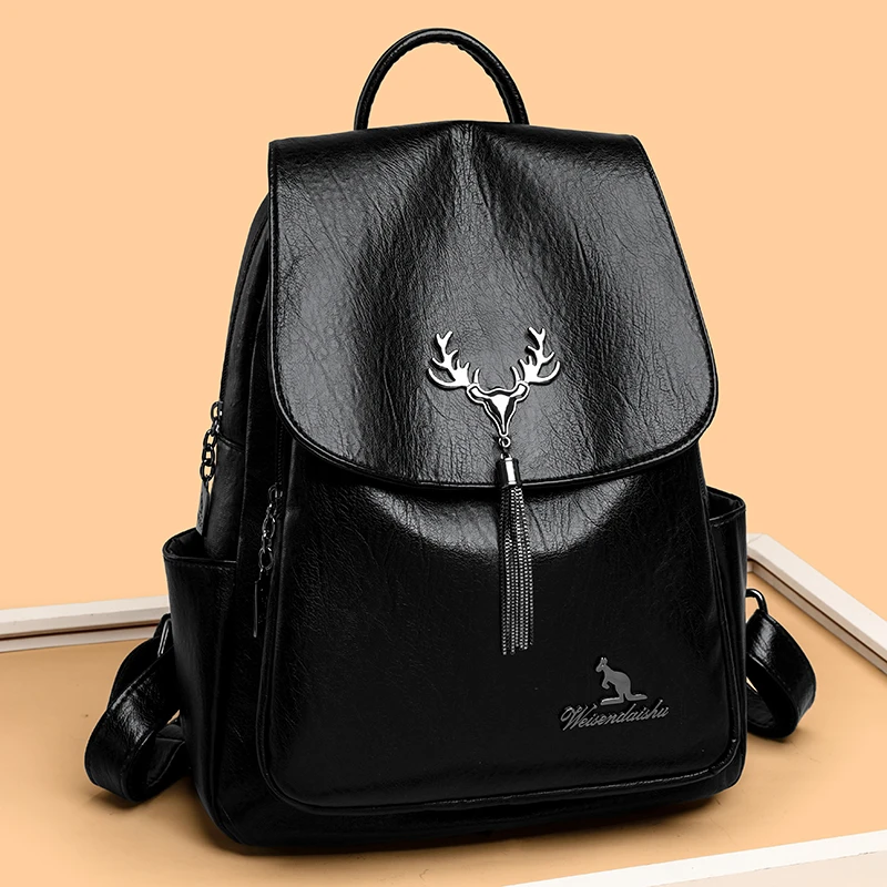 Women Leather Backpacks Casual Daypack Black Vintage Female Shoulder Bags Travel Backpack School Bags for Girls Mochila Rucksack