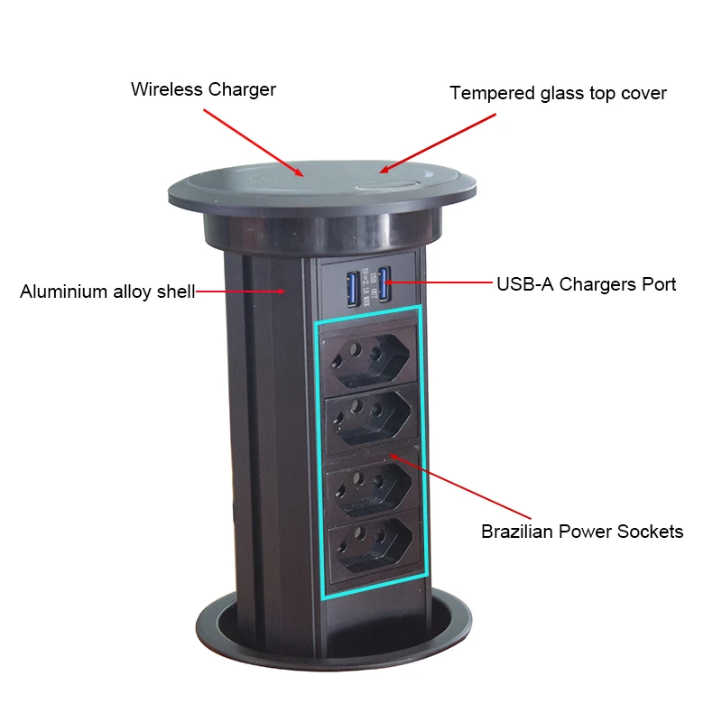 Motorizied Electrical Socket Auto Motor Pop Up Desktop with 4 Power Outlets + 2 USB Charger Port Wireless Mobile Brazilian Plug