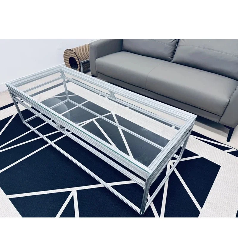 Household living room sofa side square coffee  aluminum profile long reception negotiation glass table