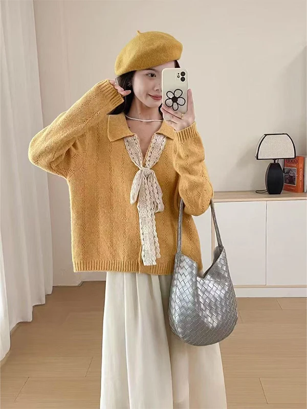 

Желтый трикотаж с v-образным вырезом и галстуком-бабочкой, свободный крой, осенне-зимний женский свитер Faion Lazy Sle Long Sve Turtlene, топ