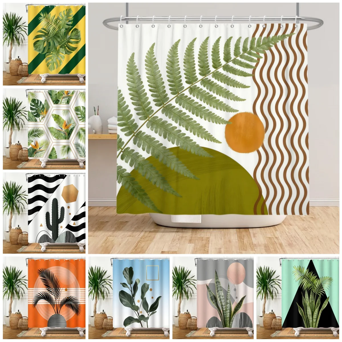 

Tropical Rainfores Bathroom Shower Curtain Plant Green Leaves Simple Line Decor Waterproof Bathtub Bathroom Curtain With Hooks