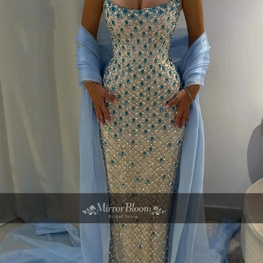 

Customized Champagne Strapless Mermaid Green Beaded Formal Prom Gown Luxury Lace Cape Sleeve Sequin Evening Dress Party Dresses