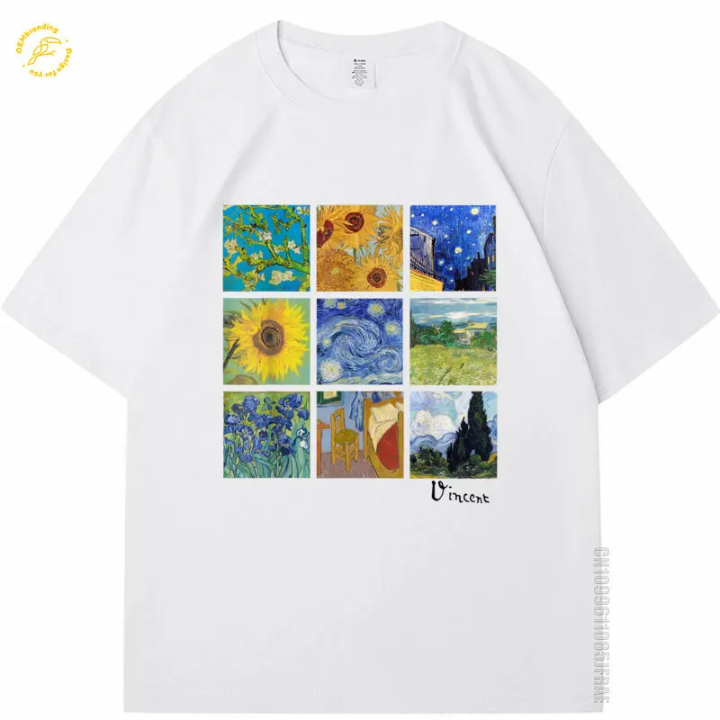 

Van Gogh Cotton Tshirt Man Paintings Sunflowers Starry Night Oversized T-Shirt Футболка Хлопок Men's Clothing O-neck T Shirts